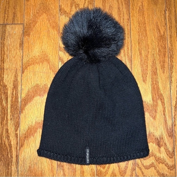 Turtle Fur Black Pom-Pom Fleece Lined Wool Beanie Hat With White Stripe One Size - Picture 5 of 8